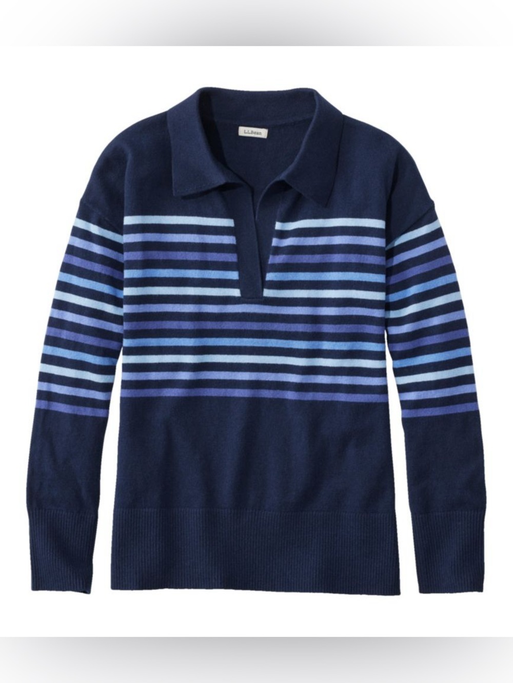L. L. Bean Women's Cotton/Cashmere V neck Sweater, Polo Stripe navy size L